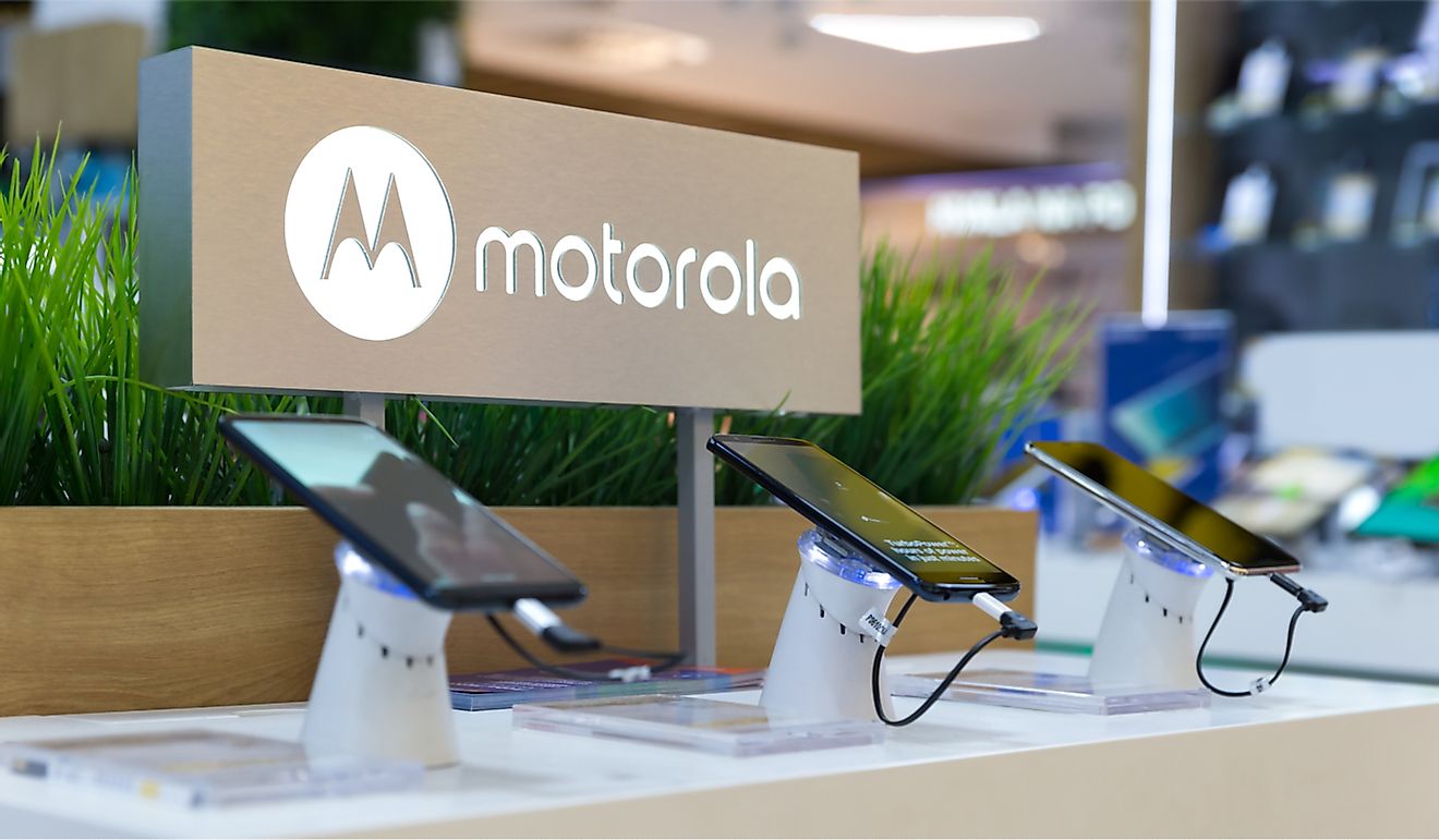 Motorola smartphones are shown on display in electronic store. Editorial credit: N.Z.Photography / Shutterstock.com