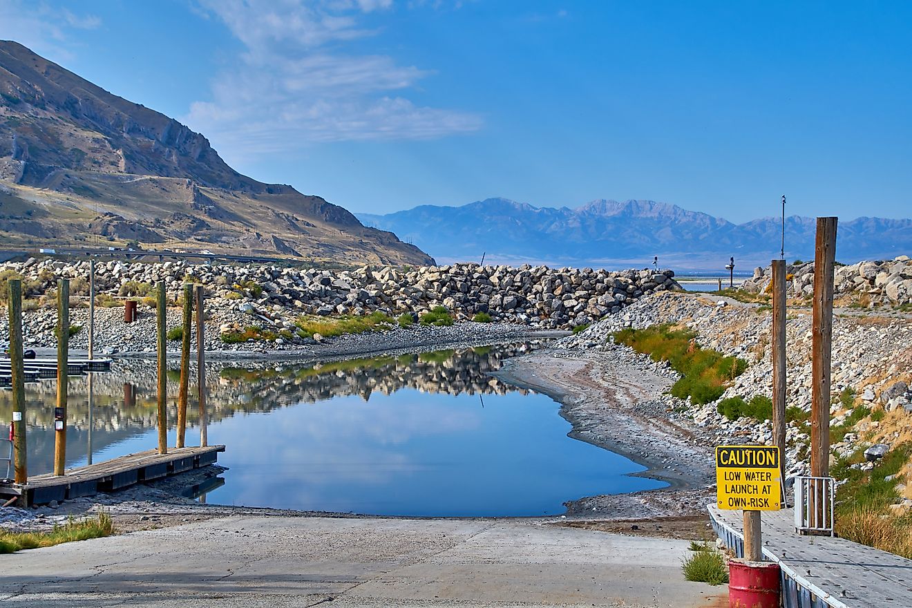 A boat ramp rendered unusable due to receding water levels caused by climate change at Great Salt Lake State Park, Utah