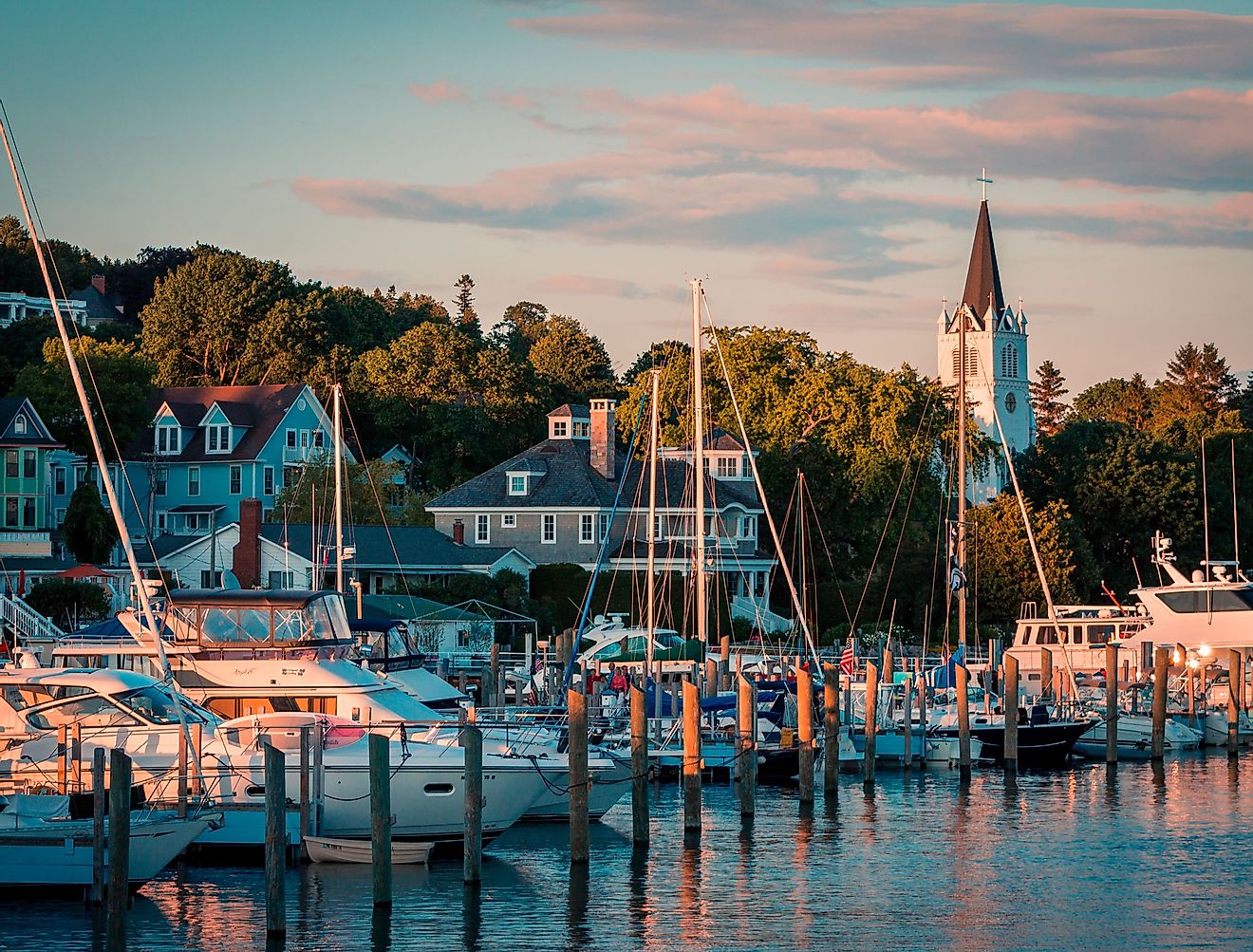 Mackinac Island with Saint Anne's church and Victorian houses. Image credit Michael Deemer via Shutterstock