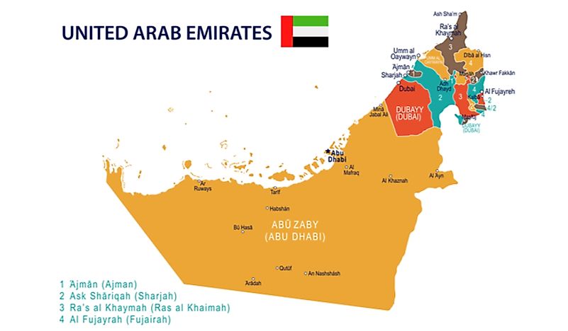 A map showing the emirates of the UAE. 