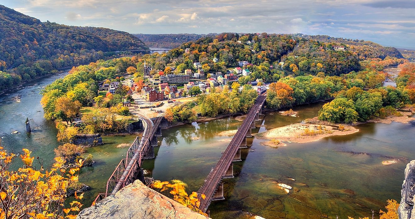 Aerial view of Harpers Ferry, West Virginia.