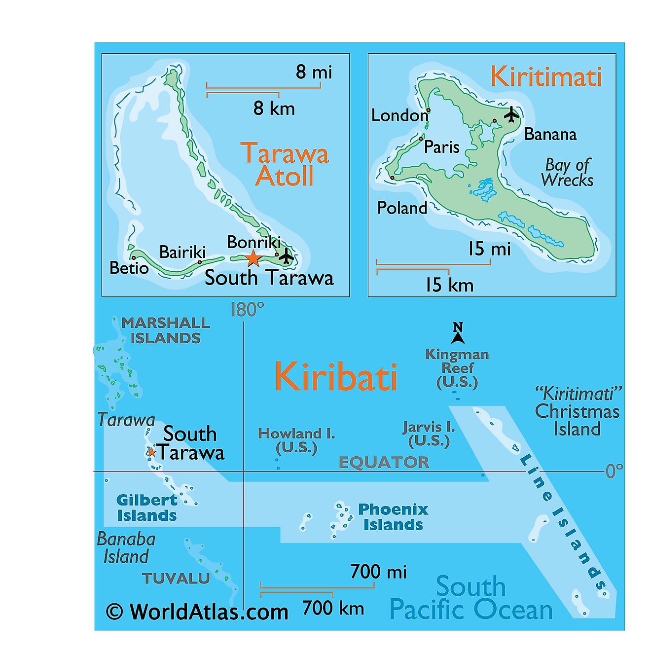 Mapa físico de Kiribati que muestra los principales grupos de islas e islas.