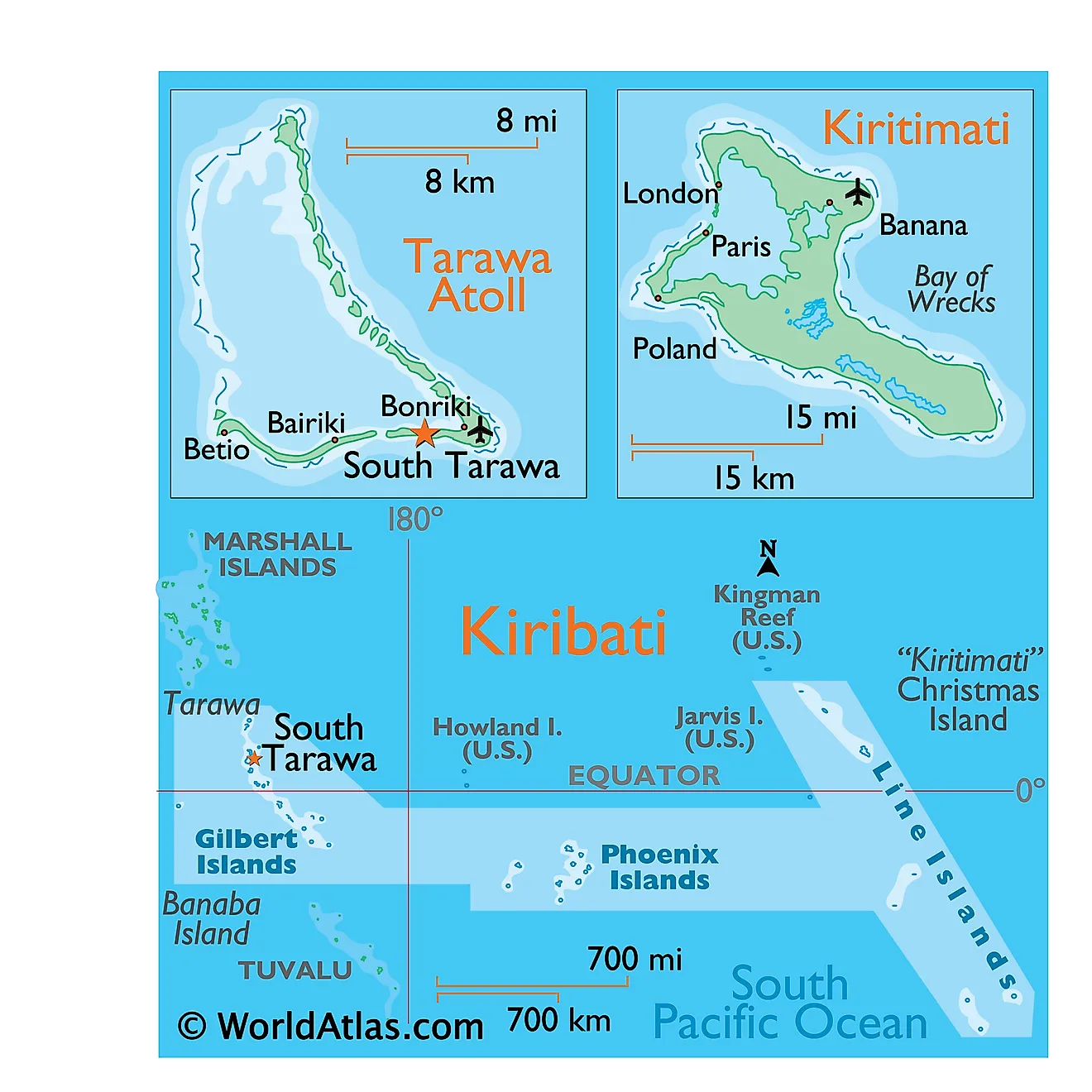 Physical Map of Kiribati showing major islands groups and islands.