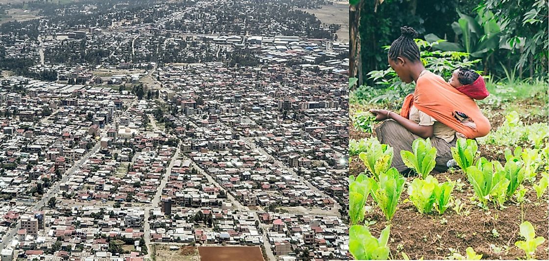The stark contrast between rural subsistence farming in Ethiopia and the sprawling city of Addis Ababa.