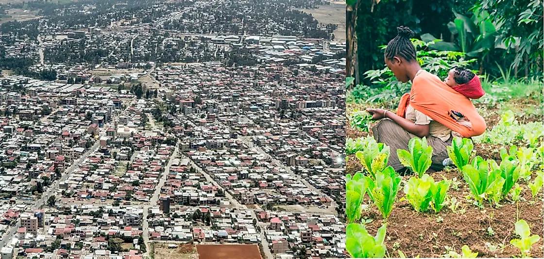 The stark contrast between rural subsistence farming in Ethiopia and the sprawling city of Addis Ababa.