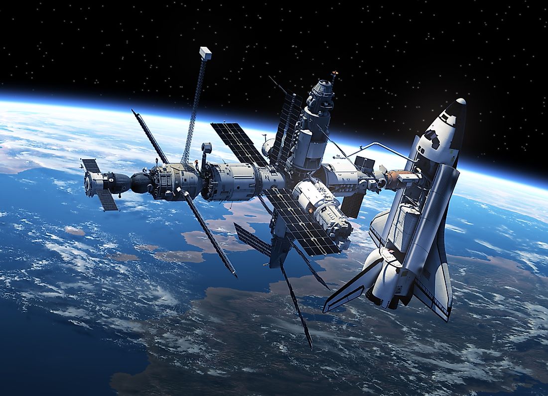A 3D rendering of a space station. 