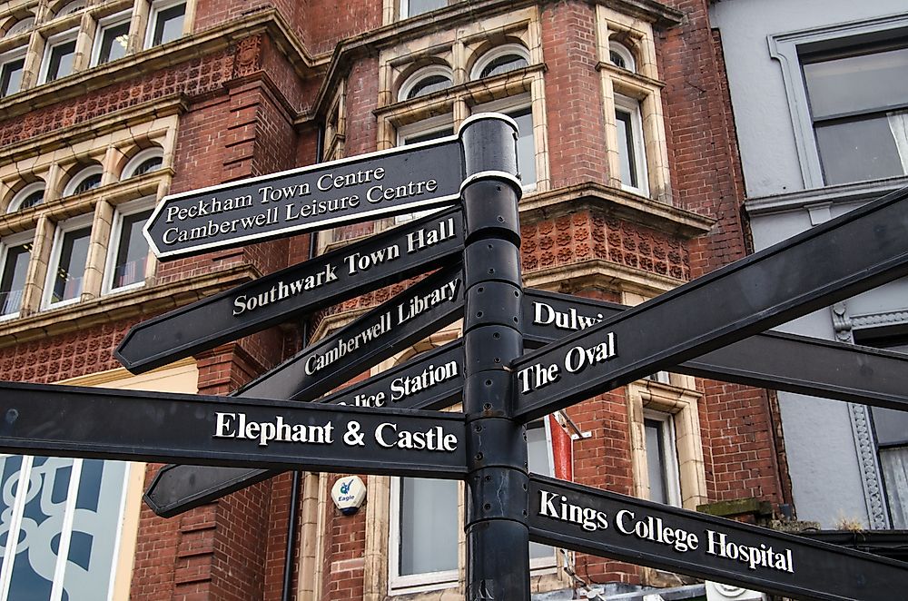 A sign pointing to Elephant and Castle in London, UK. Editorial credit: BasPhoto / Shutterstock.com.