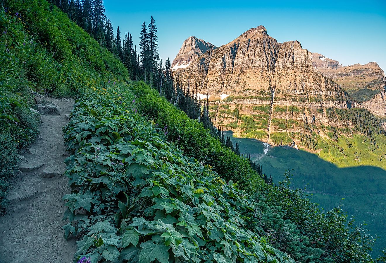 Scenic Highline Trail with views of Glacier Valley by the Going-to-the-Sun Road in Glacier National Park, Montana.
