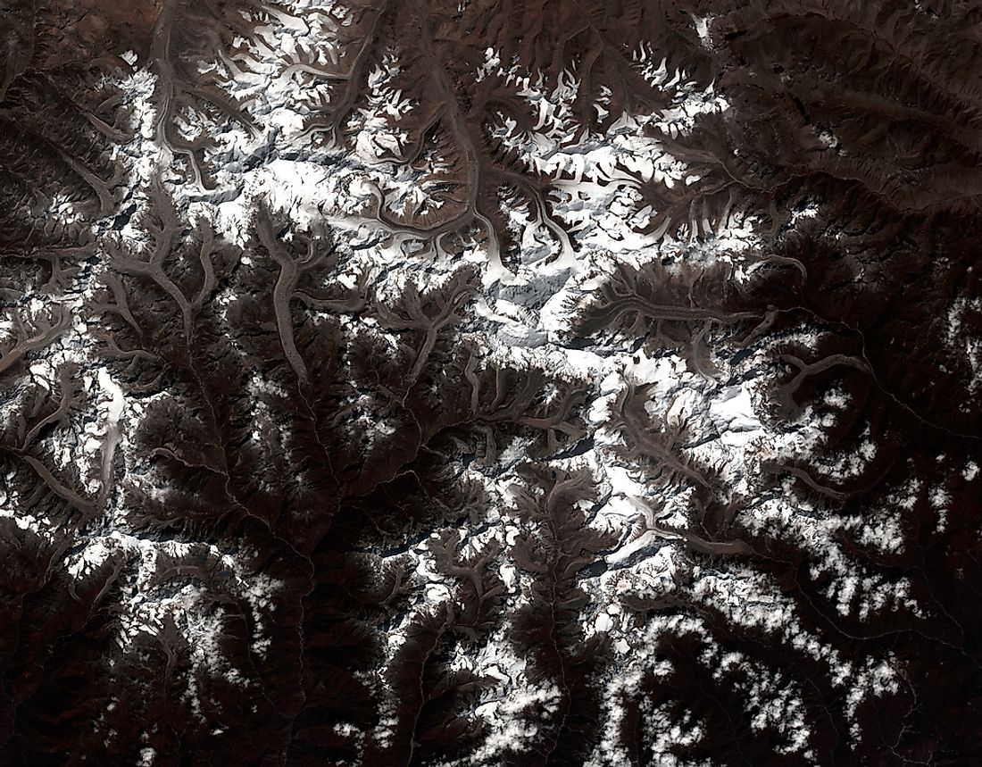 Satellite imagery of Mount Everest from a Landsat satellite. 