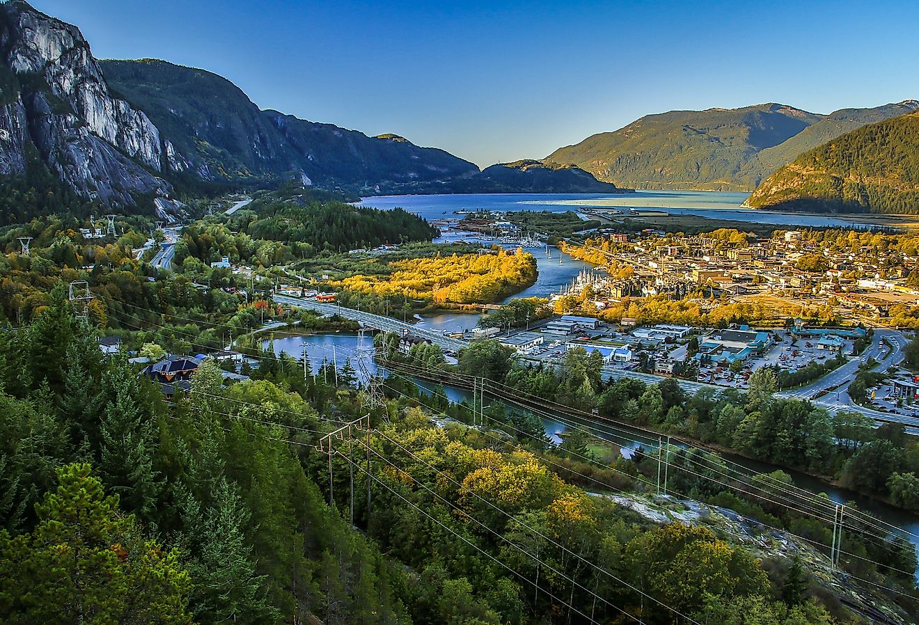 Towering mountains over the small town of Squamish, British Columbia.