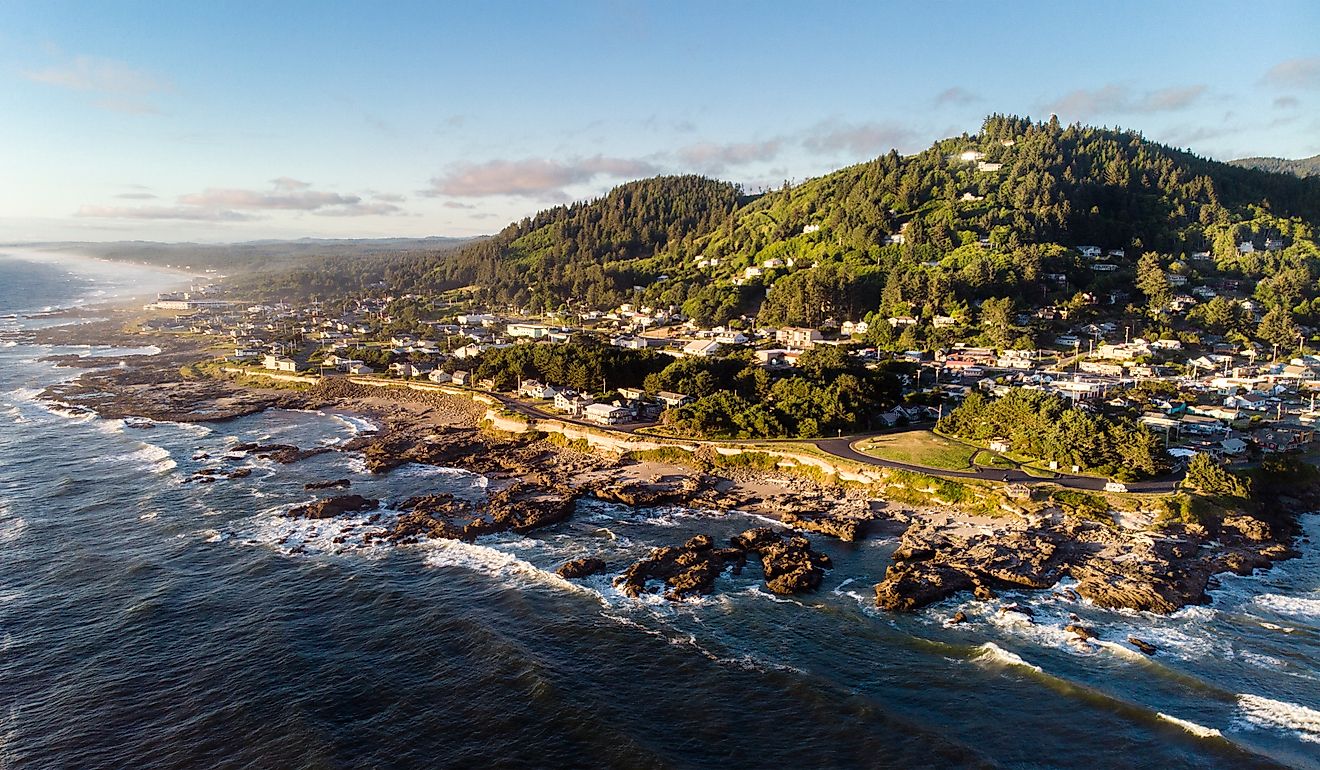 Yachats town on the rugged Oregon coast during a beautiful sunset.