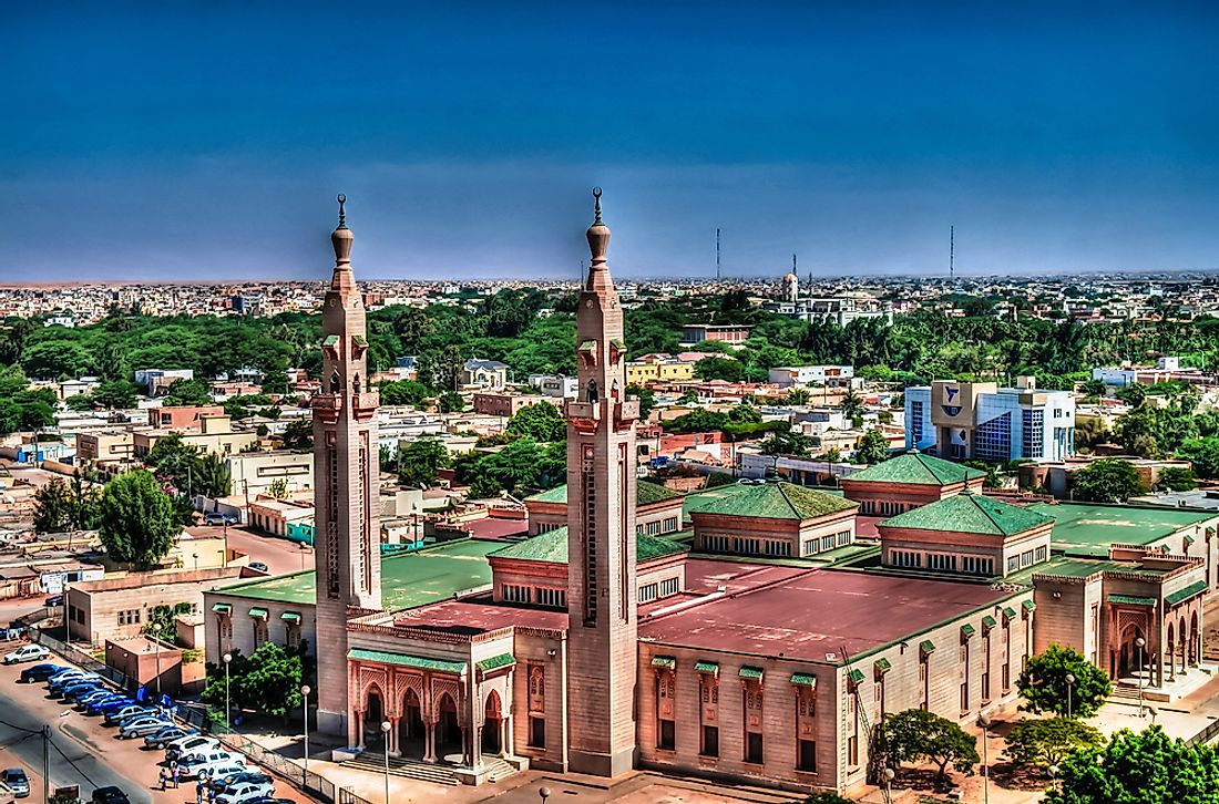View of the Saudique Grand Mosque and surrounding buildings in Nouakchott, the capital city of Mauritania.