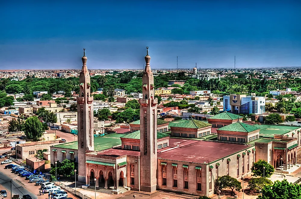 View of the Saudique Grand Mosque and surrounding buildings in Nouakchott, the capital city of Mauritania.