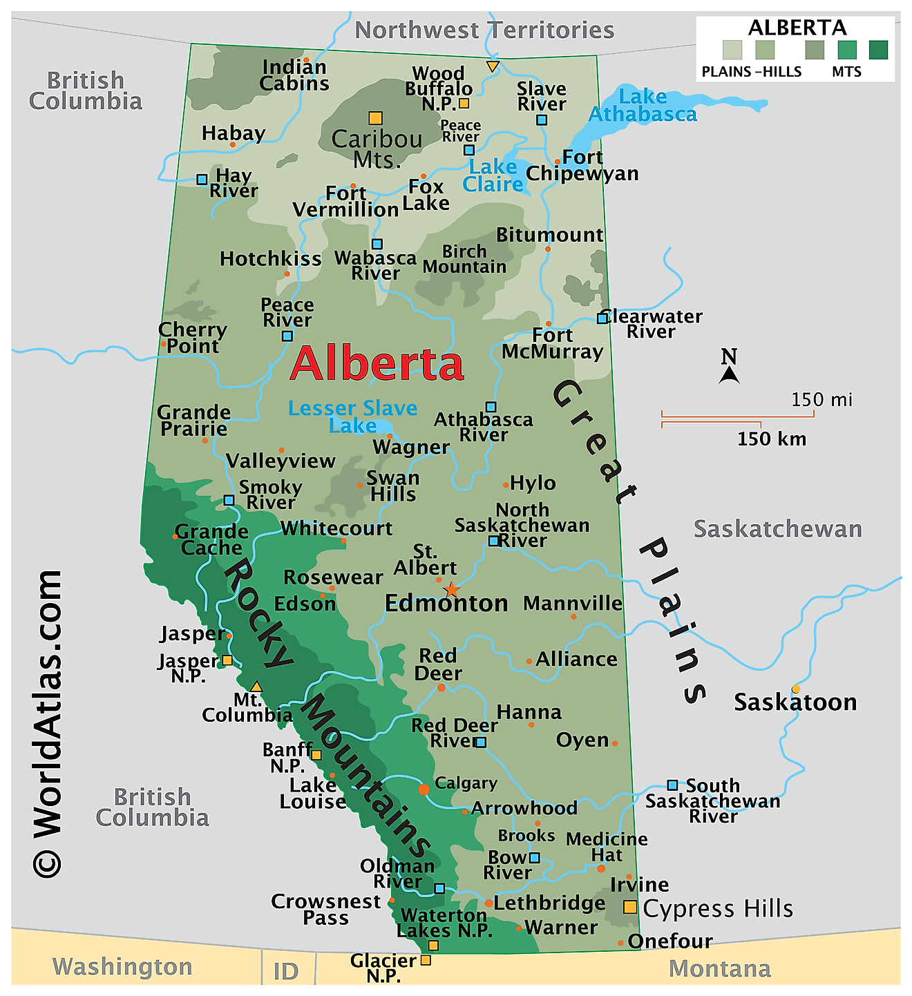 Physical Map of Alberta. It shows the physical features of Alberta, including mountain ranges, important rivers, major lakes, Great Plains and National Parks. 