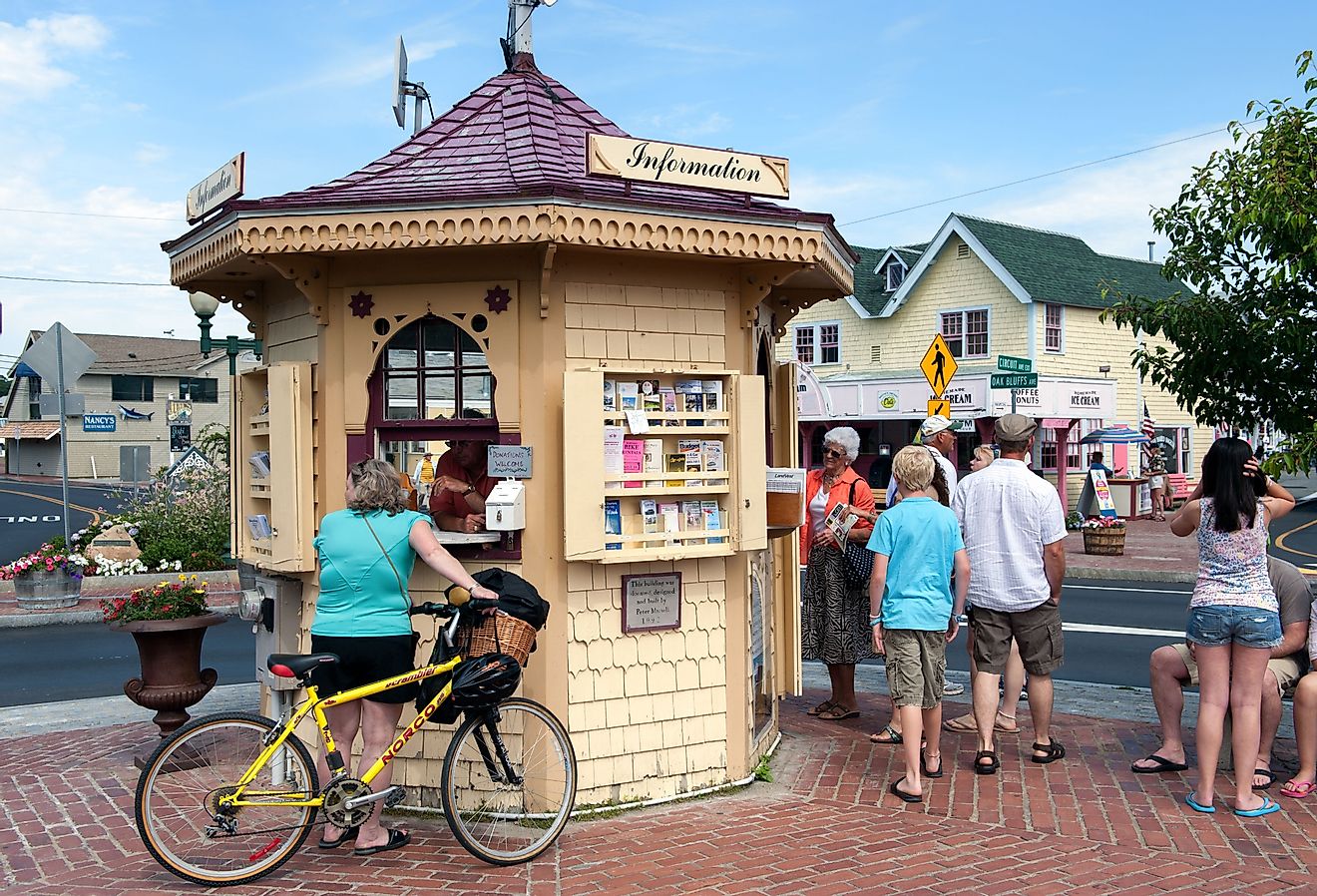 Biker consults the tourist information in Oak Bluffs, Martha's Vineyard, Massachusetts. Image credit Rolf_52 via Shutterstock