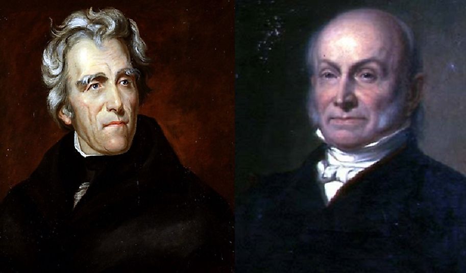 In 1824, Andrew Jackson (left) received far more popular votes than John Q. Adams (right), yet lost in a 4-man race by way of what Jackson called a corrupt bargain.