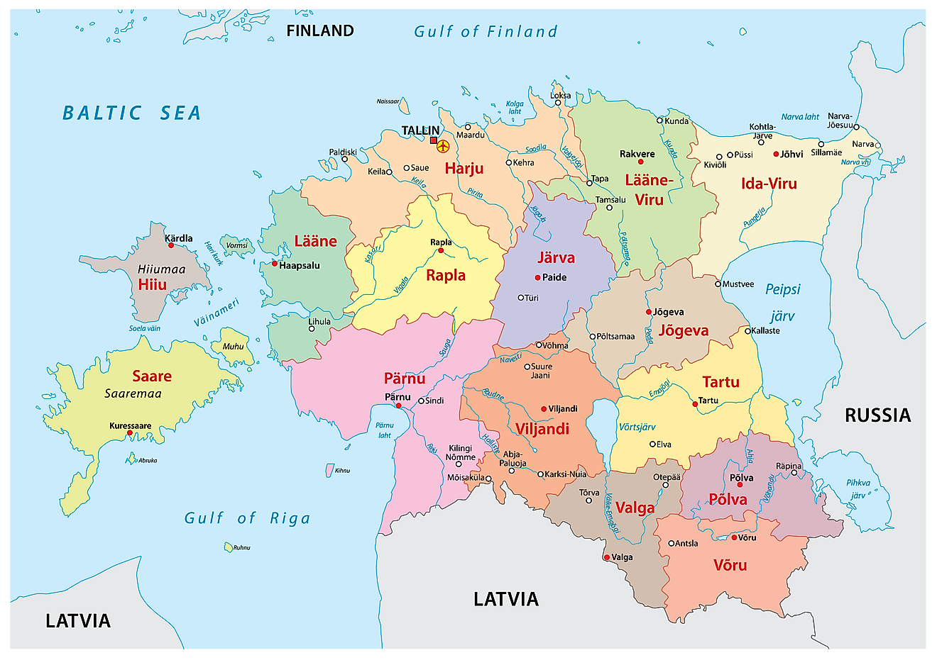 Mapa político de Estonia que muestra sus 15 condados y la ciudad capital de Tallin