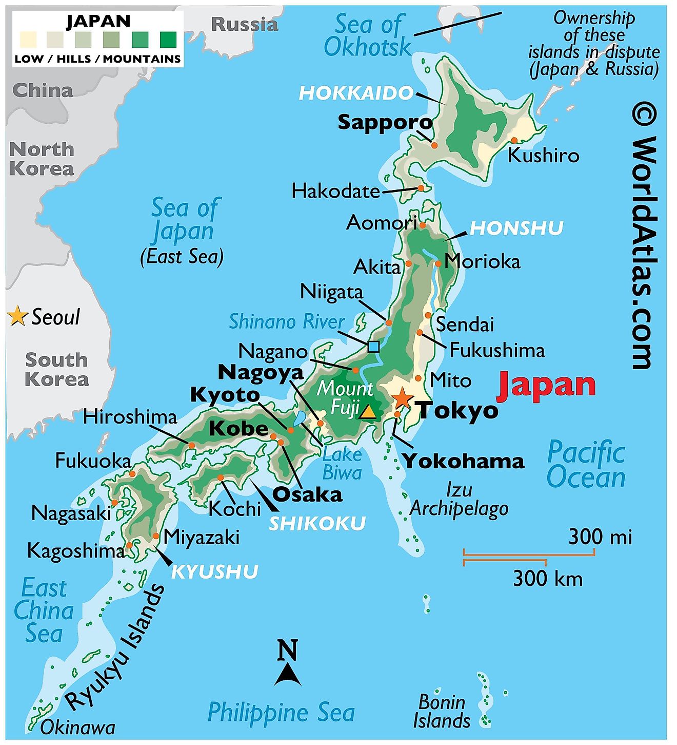 Physical Map of Japan showing the four main islands, surrounding seas, relief, Mt. Fuji, major rivers, important cities, etc.