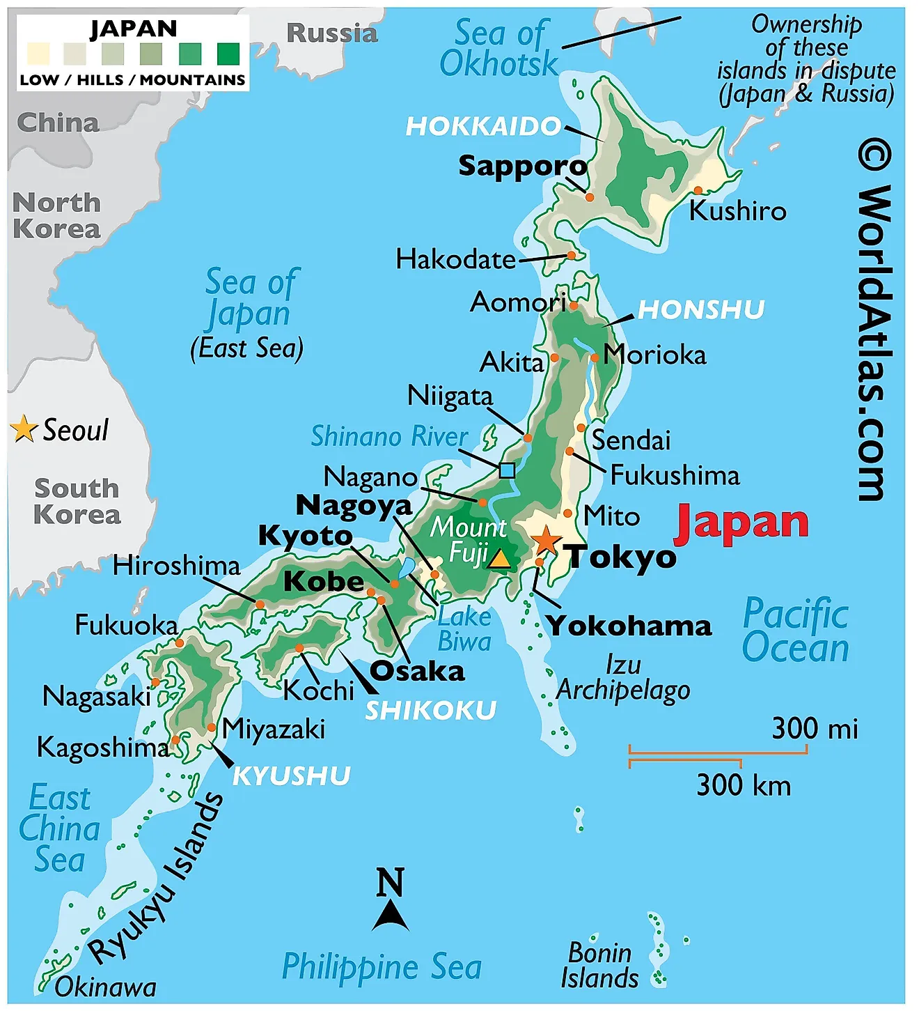 Physical Map of Japan showing the four main islands, surrounding seas, relief, Mt. Fuji, major rivers, important cities, etc.