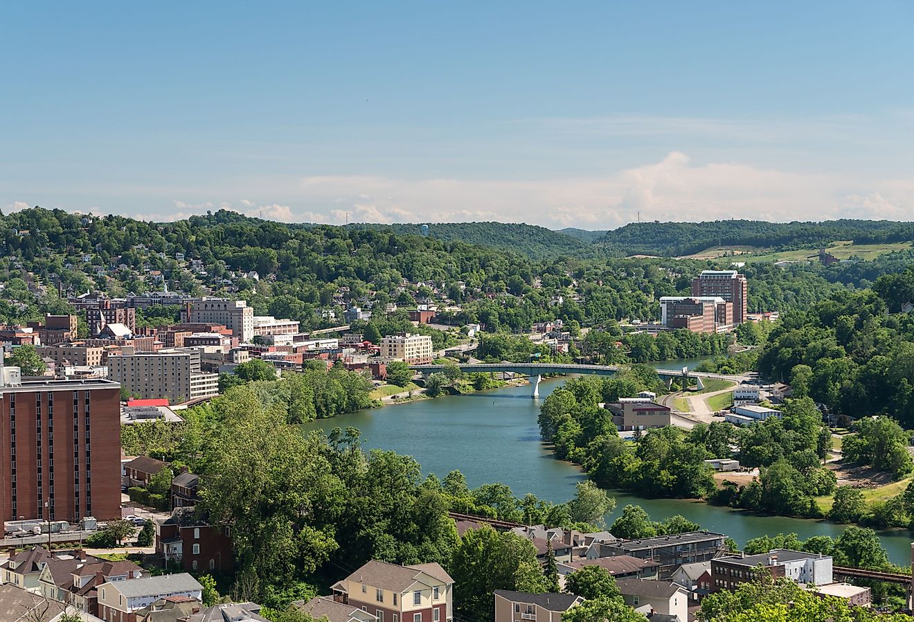 View of the downtown area of Morgantown West Virginia and campus of West Virginia University.