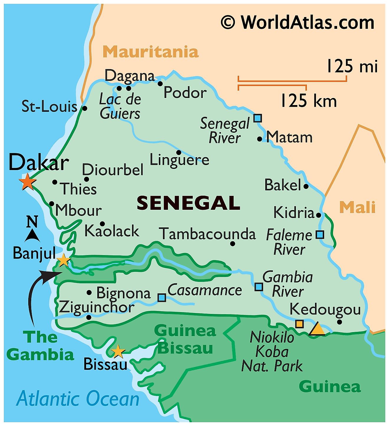 Phyiscal Map of Senegal with state boundaries. It shows the physical features of Senegal including relief, mountain ranges, rivers, and major cities.