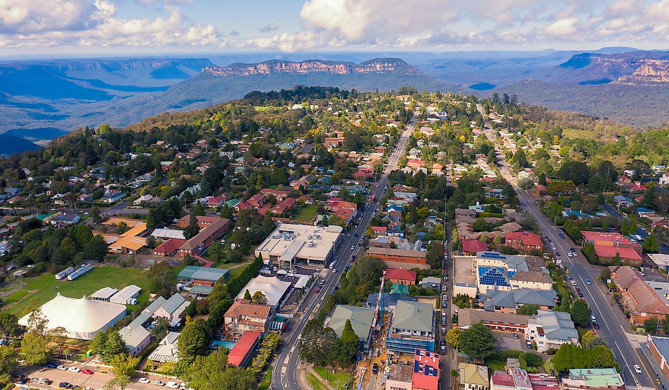 Aerial view of Katoomba and The Blue Mountains in Australia.