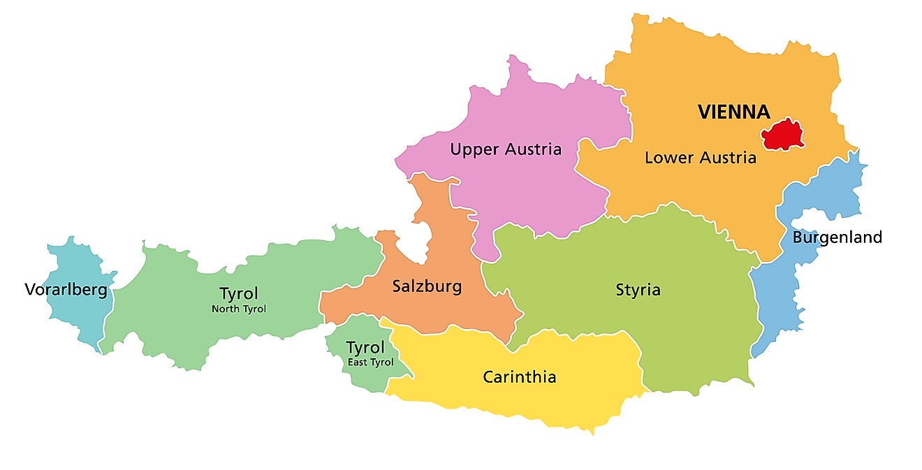 Political Map of Austria showing its 9 states and the capital city of Vienna.