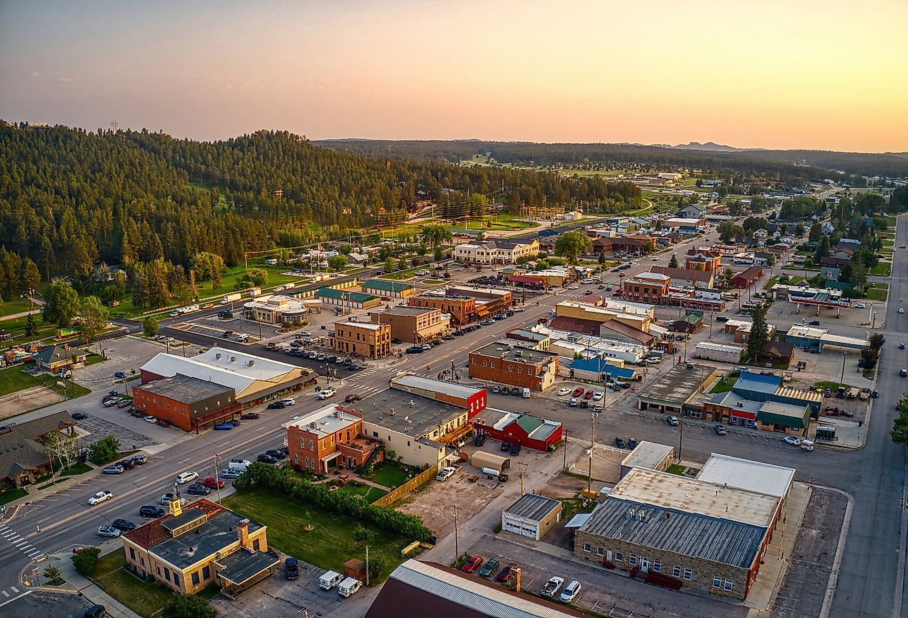 Aerial View of Custer, South Dakota at sunset.