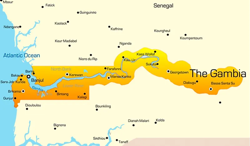 A map showing the Gambia's location within Senegal. 