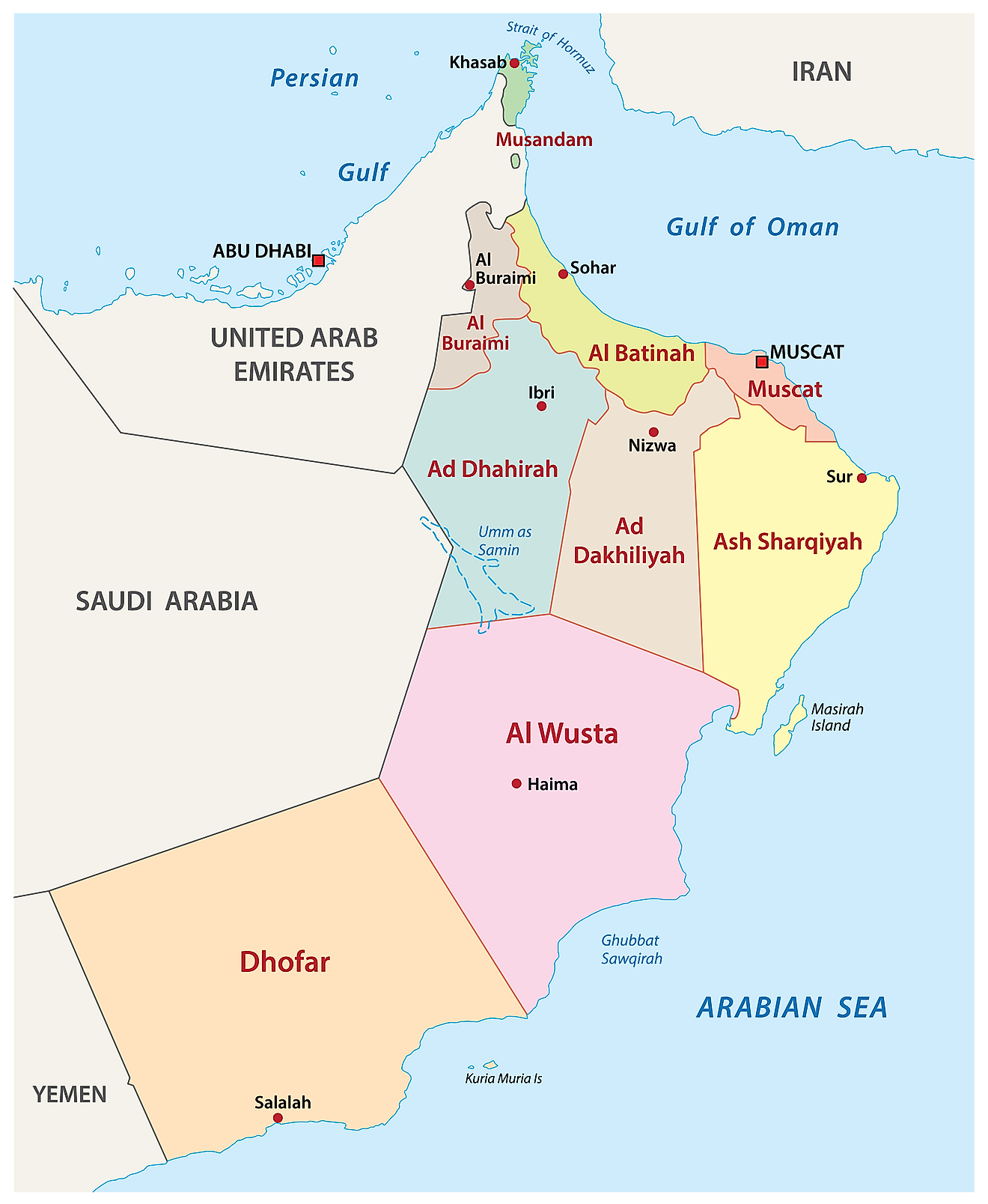 Mapa Político de Omán (antes de 2011 cuando el país tenía 9 gobernaciones).