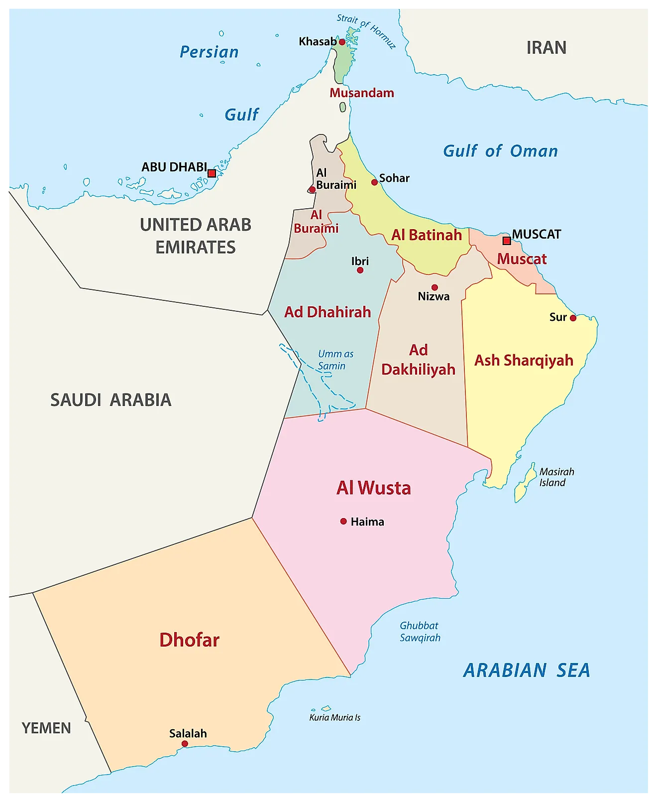 Oman Political Map (pre-2011 when the country had 9 governorates). 