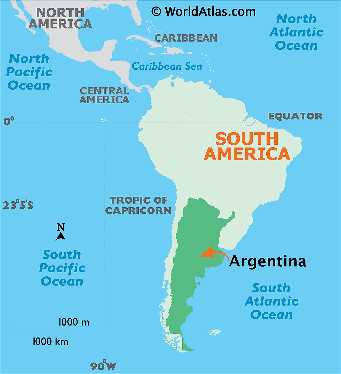 Mapa que muestra la ubicación de Argentina en el mundo.