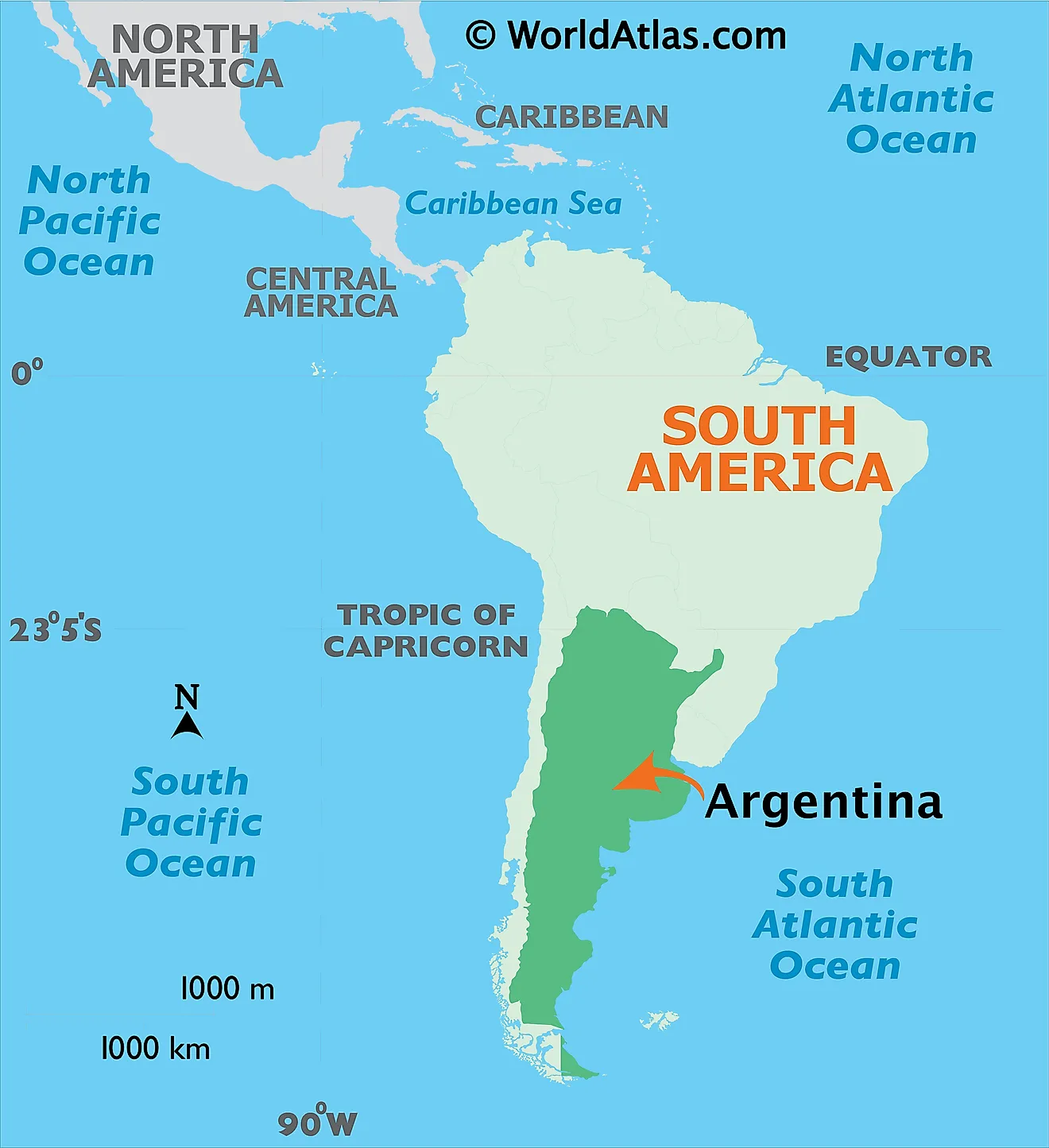 Map showing location of Argentina in the world.