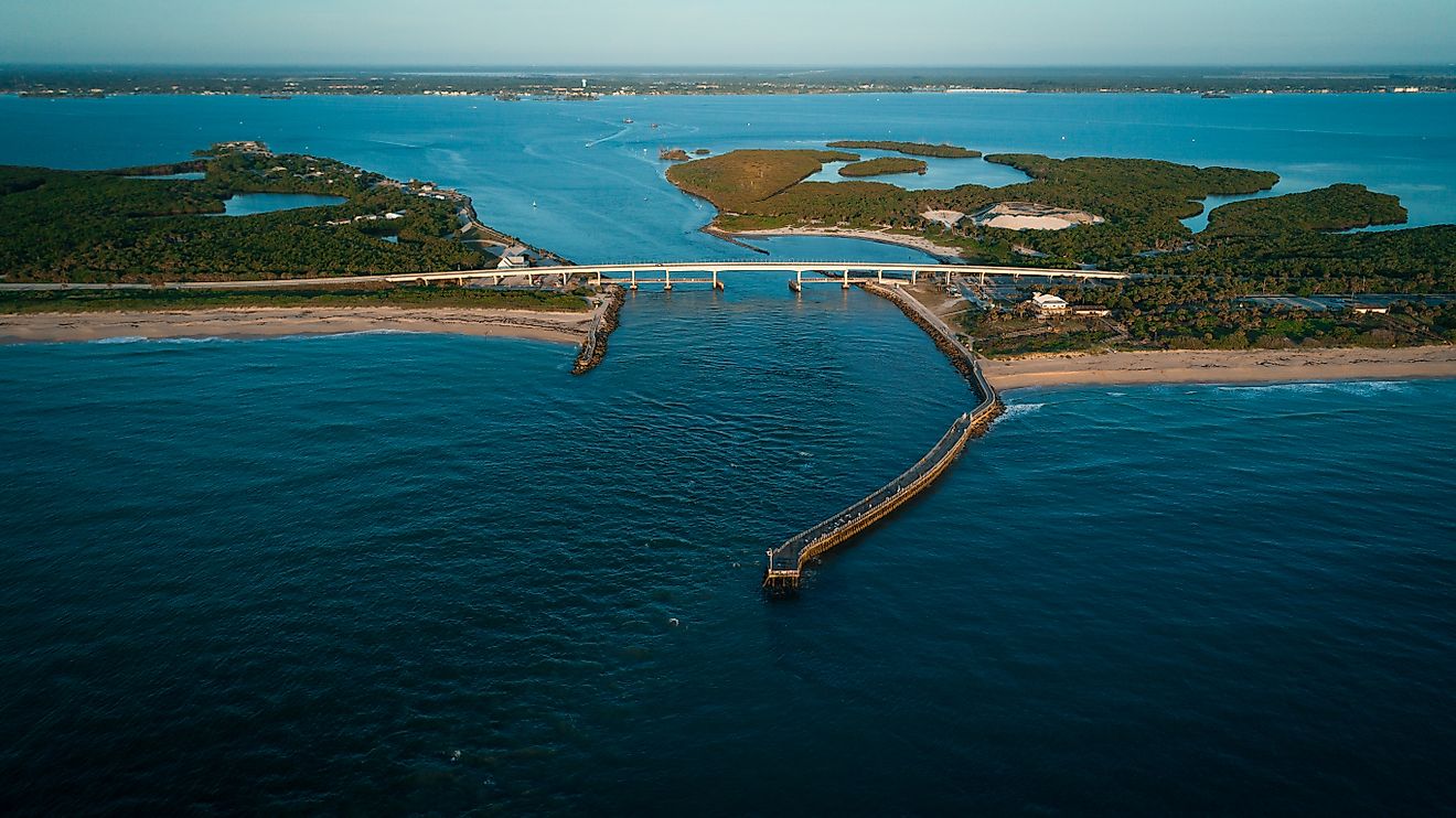 Sebastian Inlet in Sebastian, Florida, at sunset.