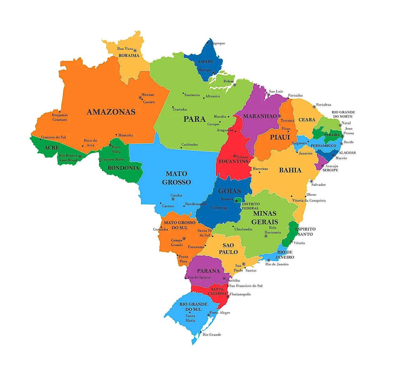 Mapa Político de Brasil mostrando sus 26 estados y 1 Distrito Federal y la ciudad capital de Brasilia