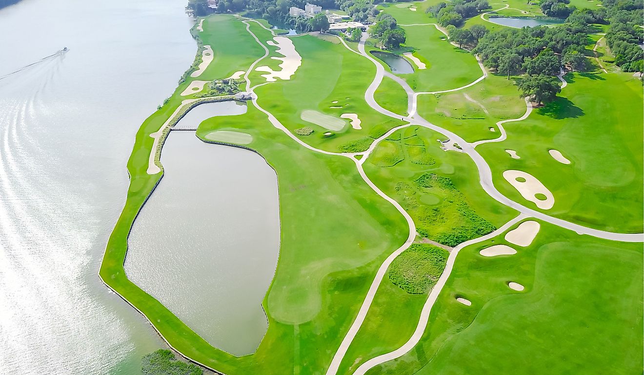 Aerial golf course at country club near Colorado River, Austin, Texas, USA.