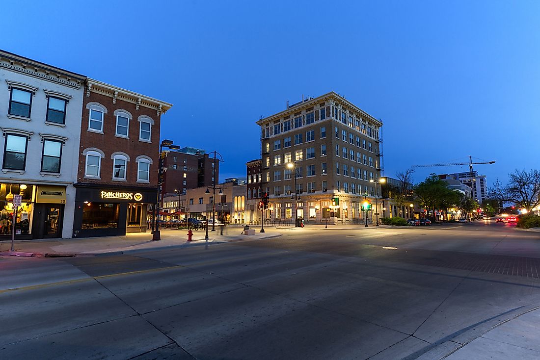 Downtown Iowa City, Iowa at twilight. Editorial credit: David Harmantas / Shutterstock.com. 