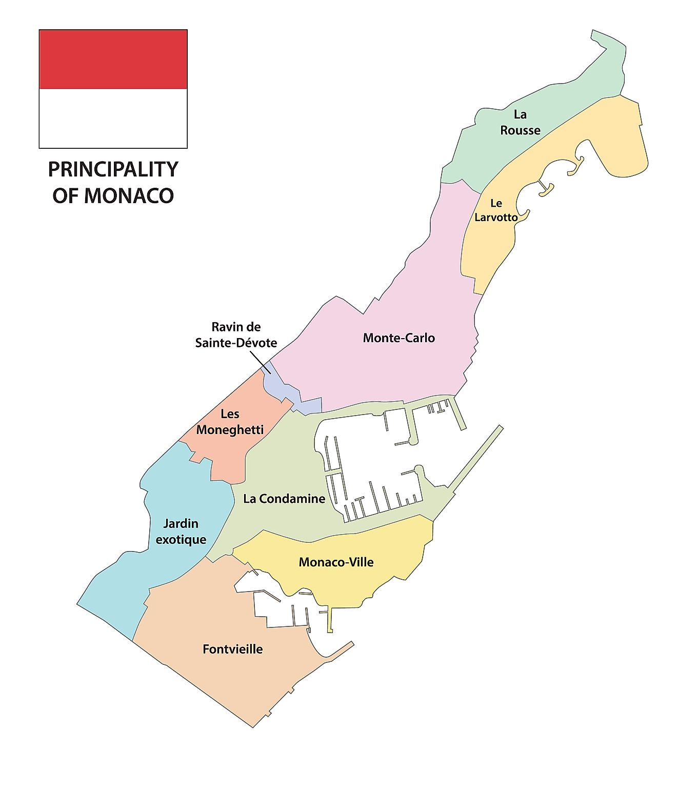 Political Map of Monaco showing its 4 quarters.
