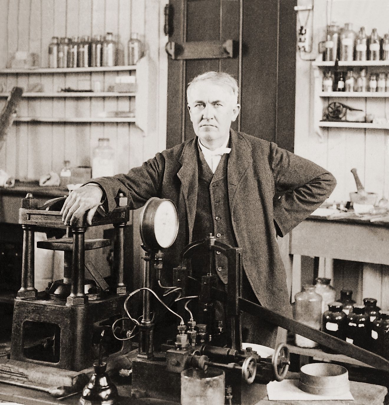 Thomas A. Edison (1847-1931), in his West Orange, New Jersey, laboratory, ca. 1901.