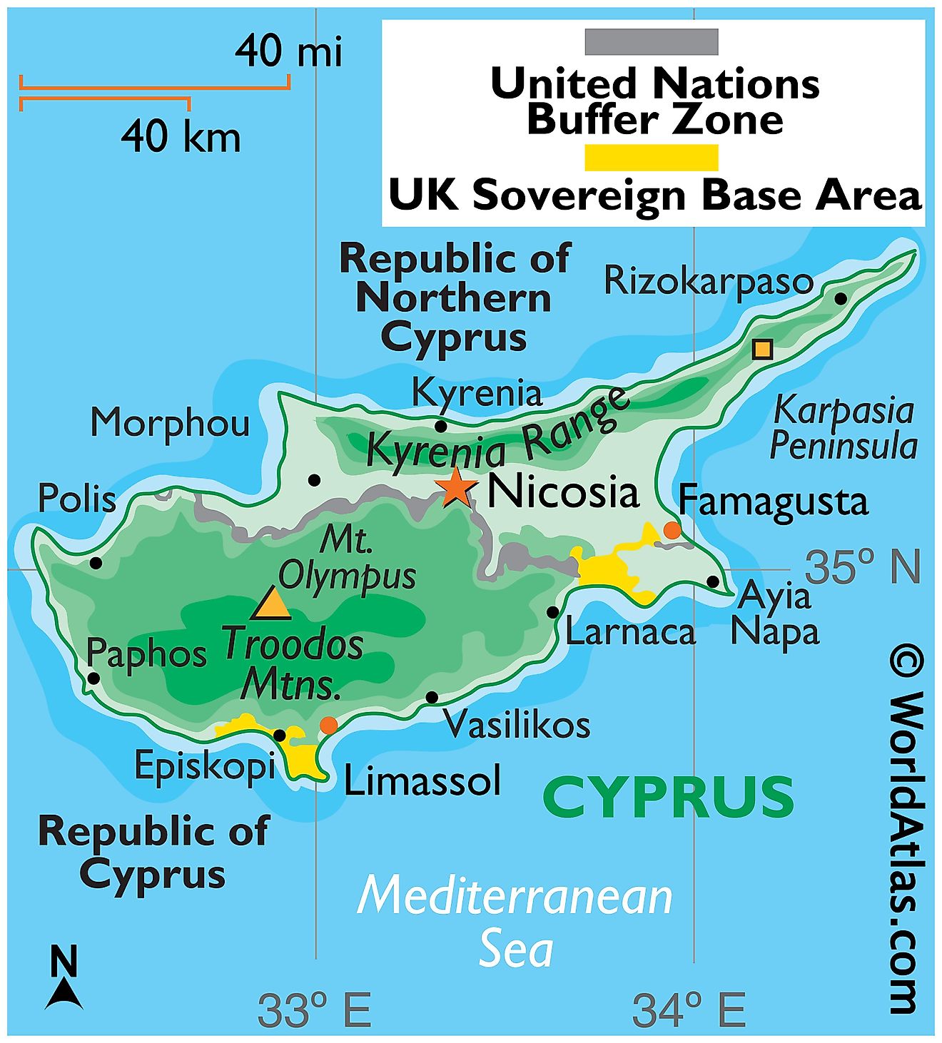 Physical Map of Cyprus showing relief, highest point, major mountain ranges, important urban centres, etc.