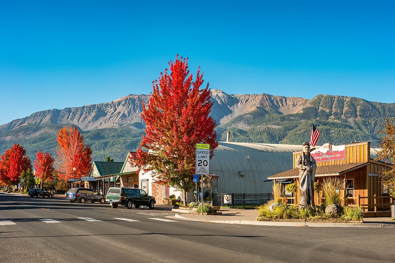 Street with the chamber of commerce and stores in downtown Joseph, Oregon. Image credit benedek via iStock.com