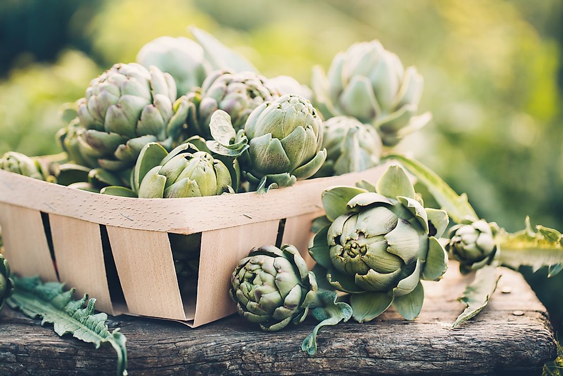 Artichokes on display for sale in the market.