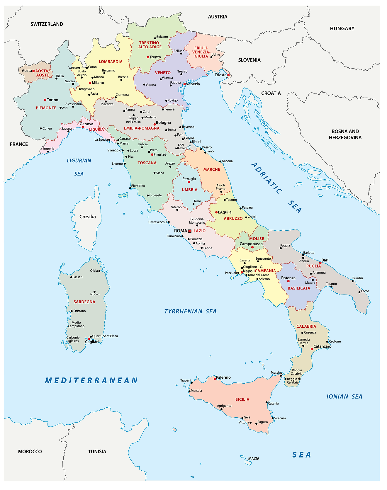 Mapa político de Italia que muestra sus 15 regiones y 5 regiones autónomas y la ciudad capital de Roma.
