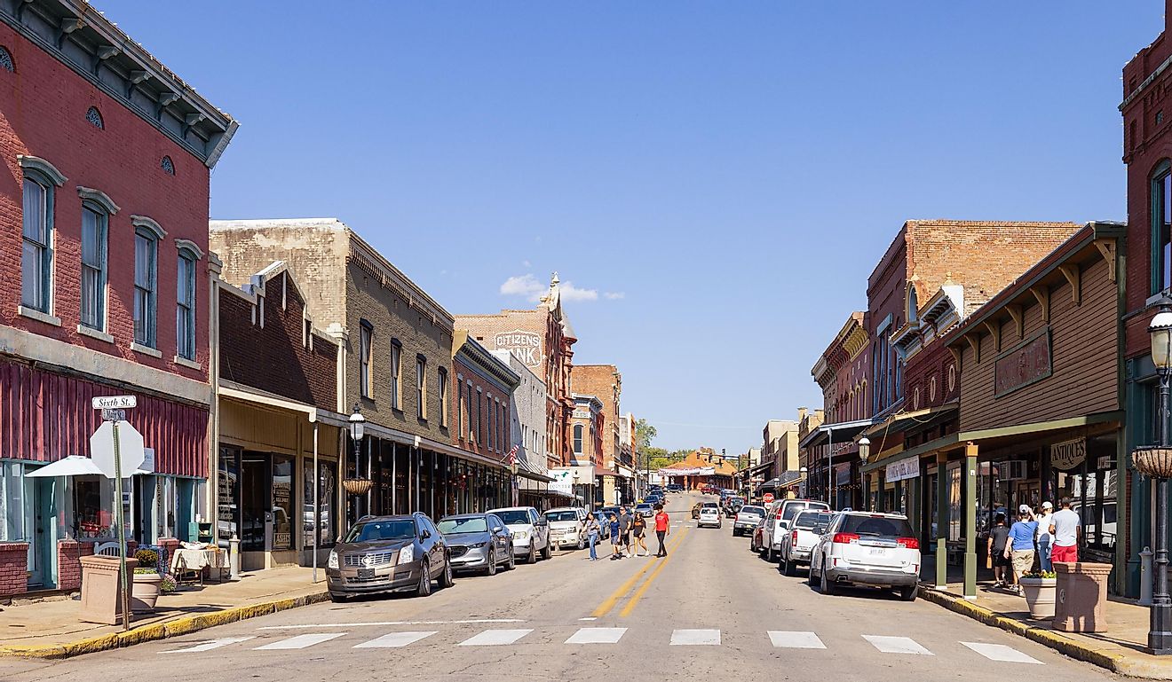 The historic business district on Main Street in Van Buren, Arkansas. Editorial credit: Roberto Galan / Shutterstock.com
