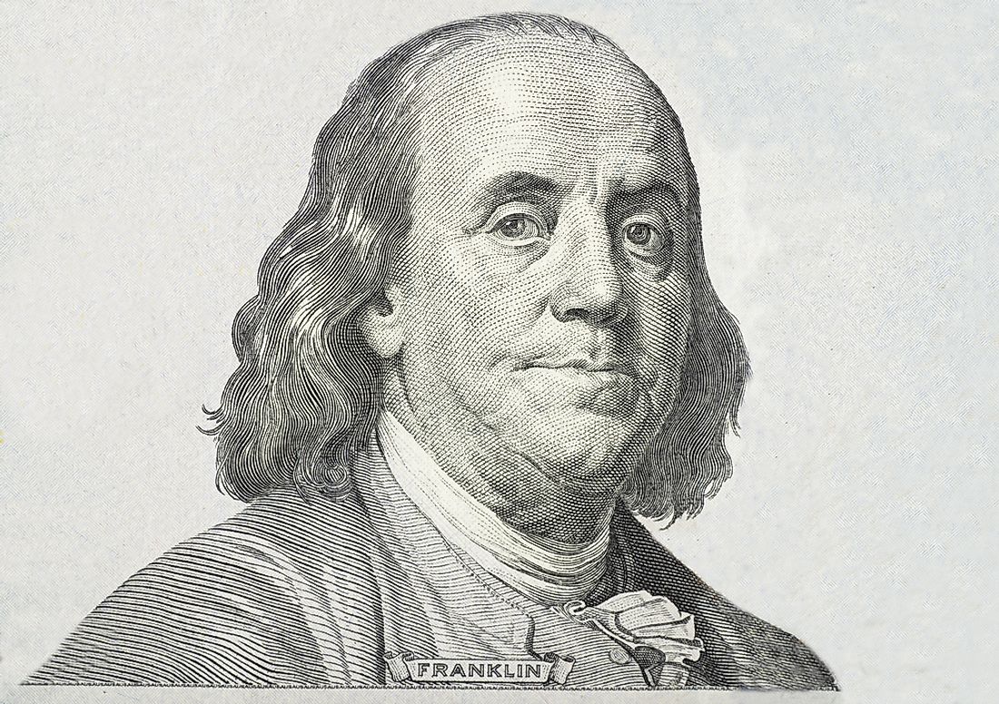 A closeup of Benjamin Franklin. 