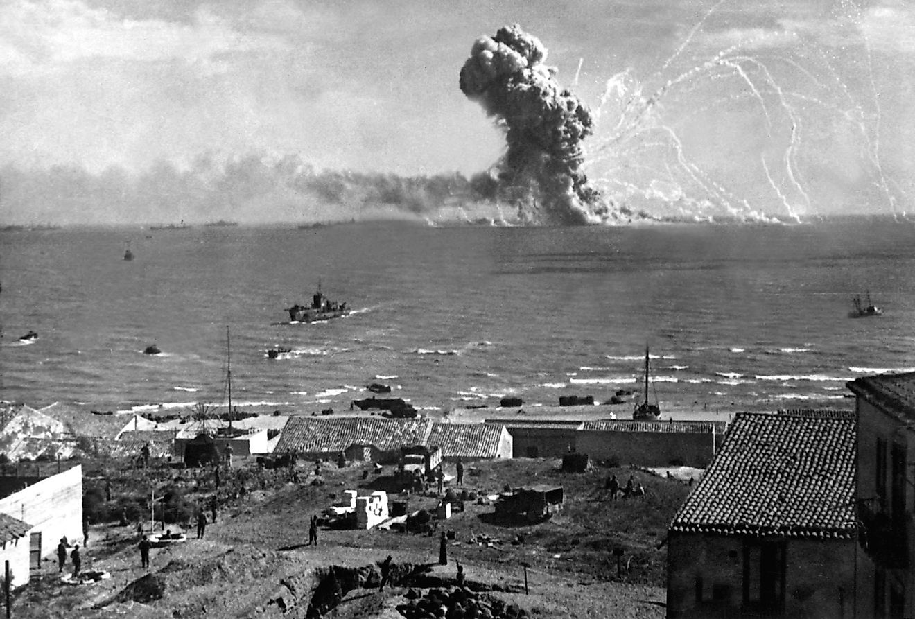 Liberty Ship SS Rowan explodes after being hit by a German bomb, near Gela, Sicily on July 11, 1943.