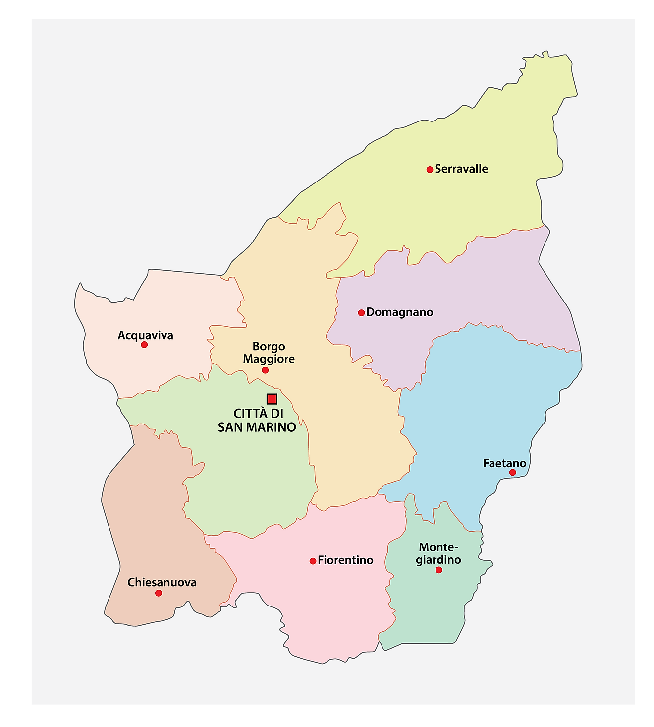 Political Map of San Marino showing 9 municipalities and the capital city - San Marino City.