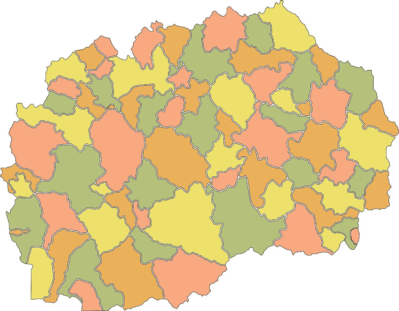 Political Map of North Macedonia showing its 80 municipalities and the capital city of Skopje