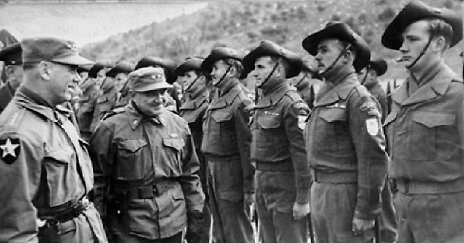 U.S. Army General James Van Fleet meeting with the 3rd Battalion Royal Australian Regiment as they are receiving their United States' Presidential Unit Citations.