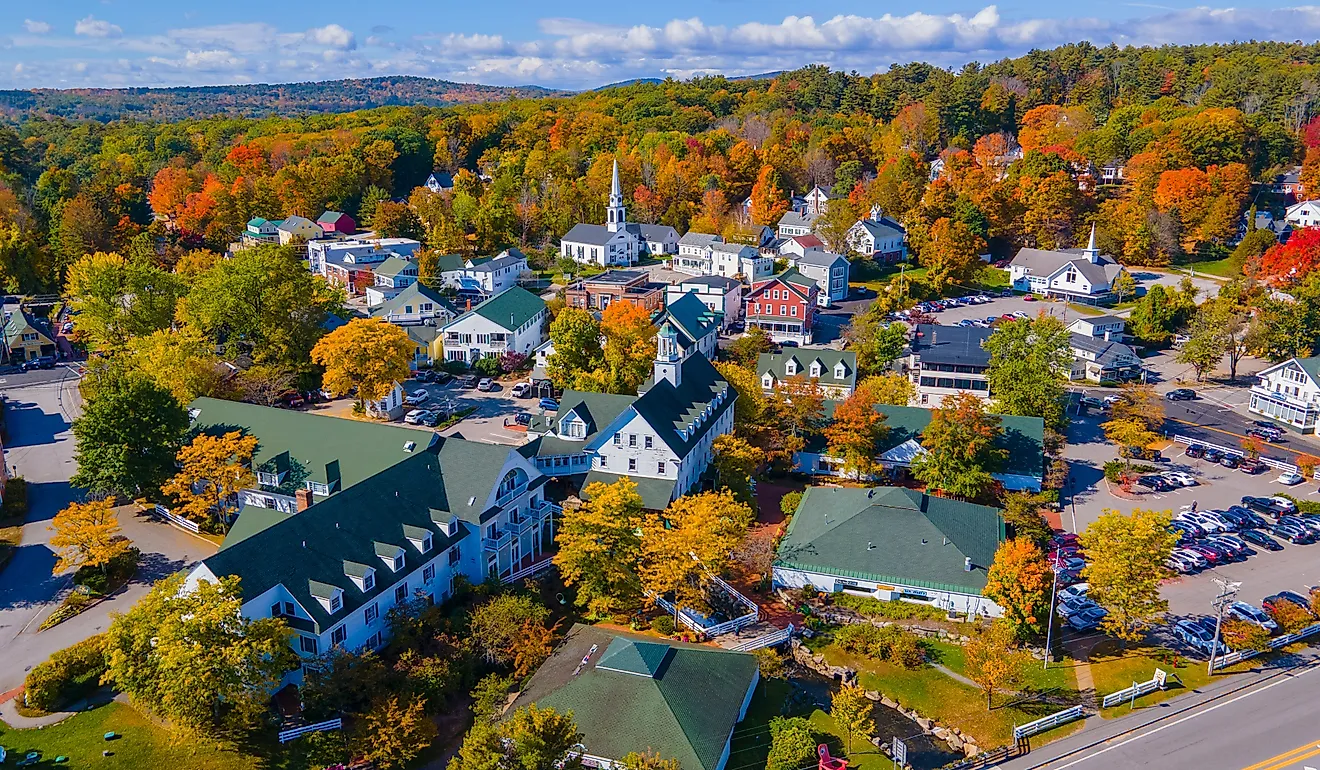  Aerial view of Meredith town center in New Hampshire.